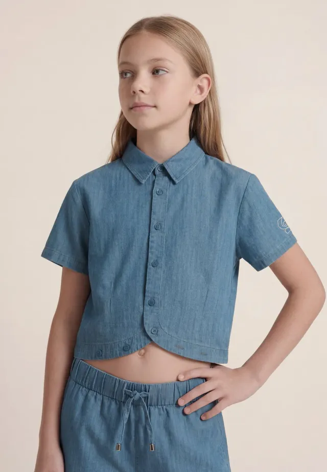 Freddy Cropped Chambray Bluse Mädchen Hellblau