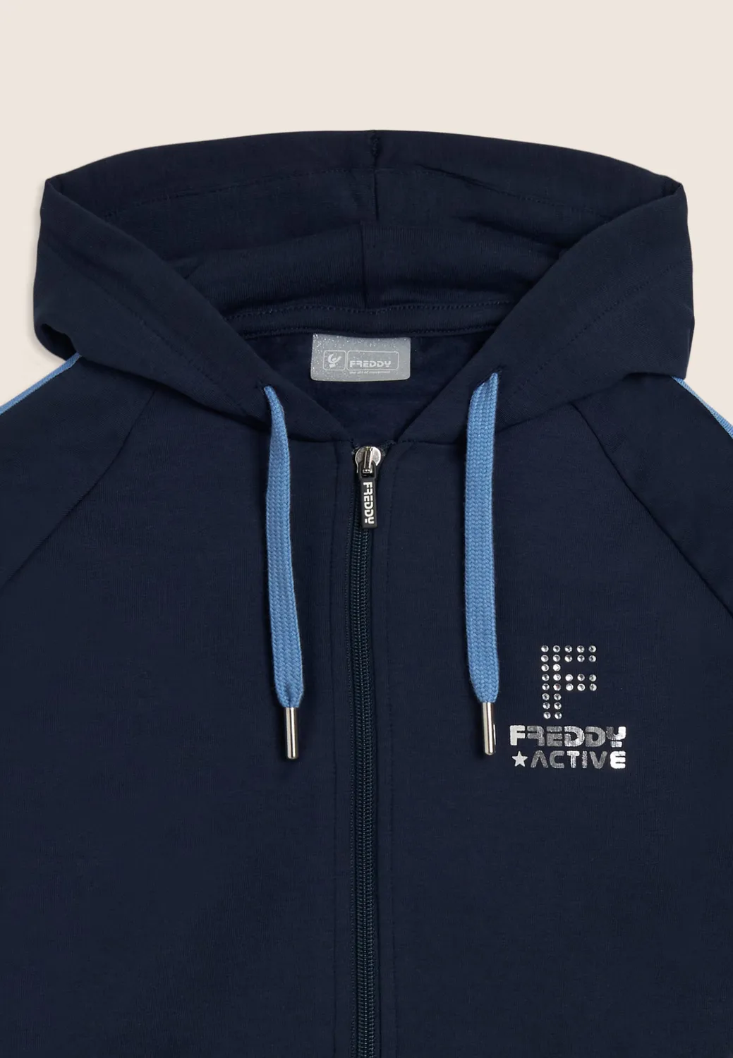 Freddy Mädchen Hoodie kurz Blau Silberstreifen fürs Training