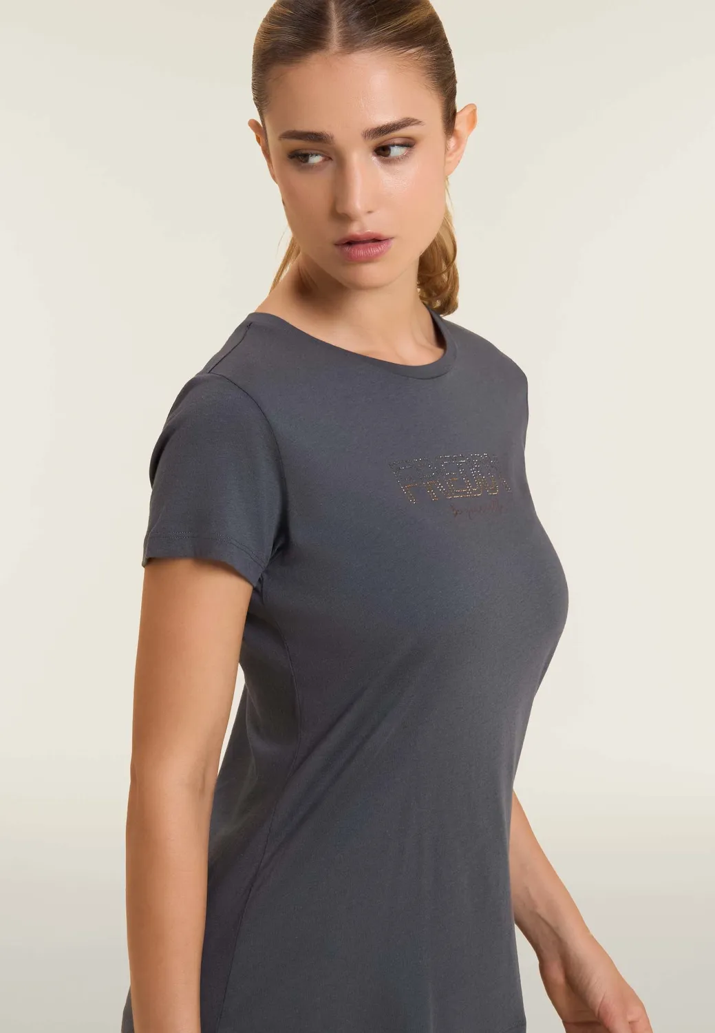 Freddy T-Shirt Damen Schwarz Strass Seitenschlitz
