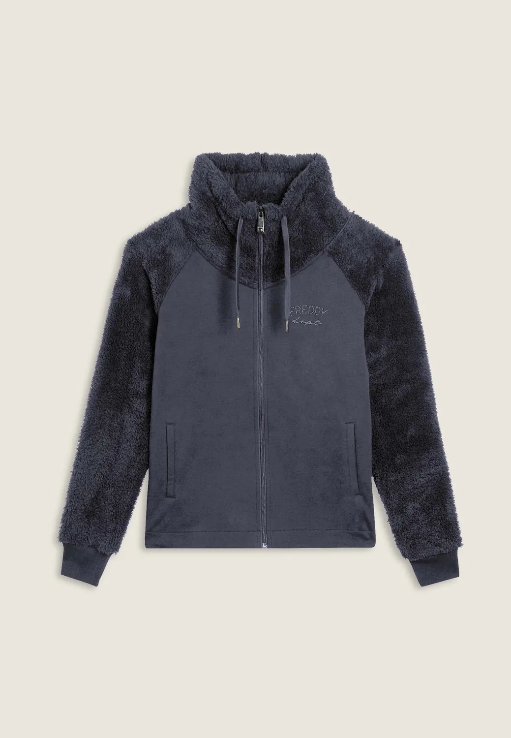 Freddy Sherpa Zip Sweatjacke Schwarz hoher Kragen