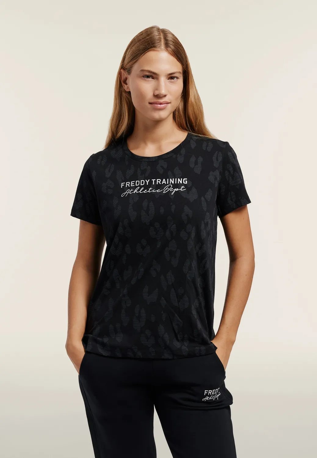 Freddy Regular Stampa Leopardata Damen T-Shirt Black Baumwolle