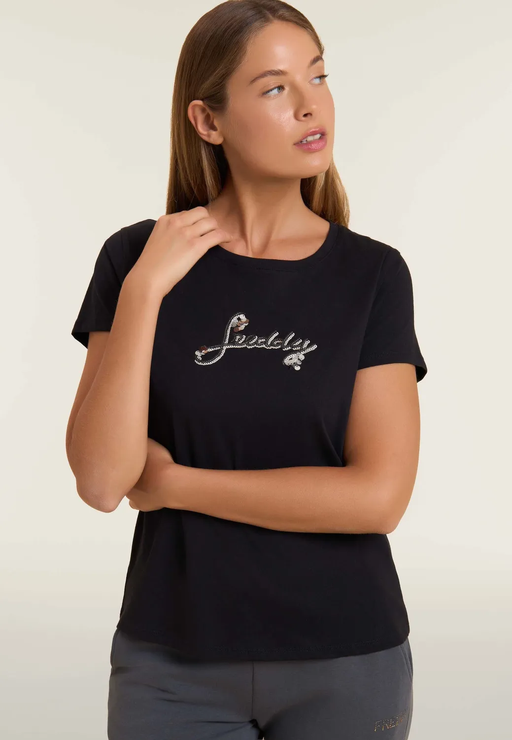 Freddy Supima T-Shirt Pailletten-Logo Nero S