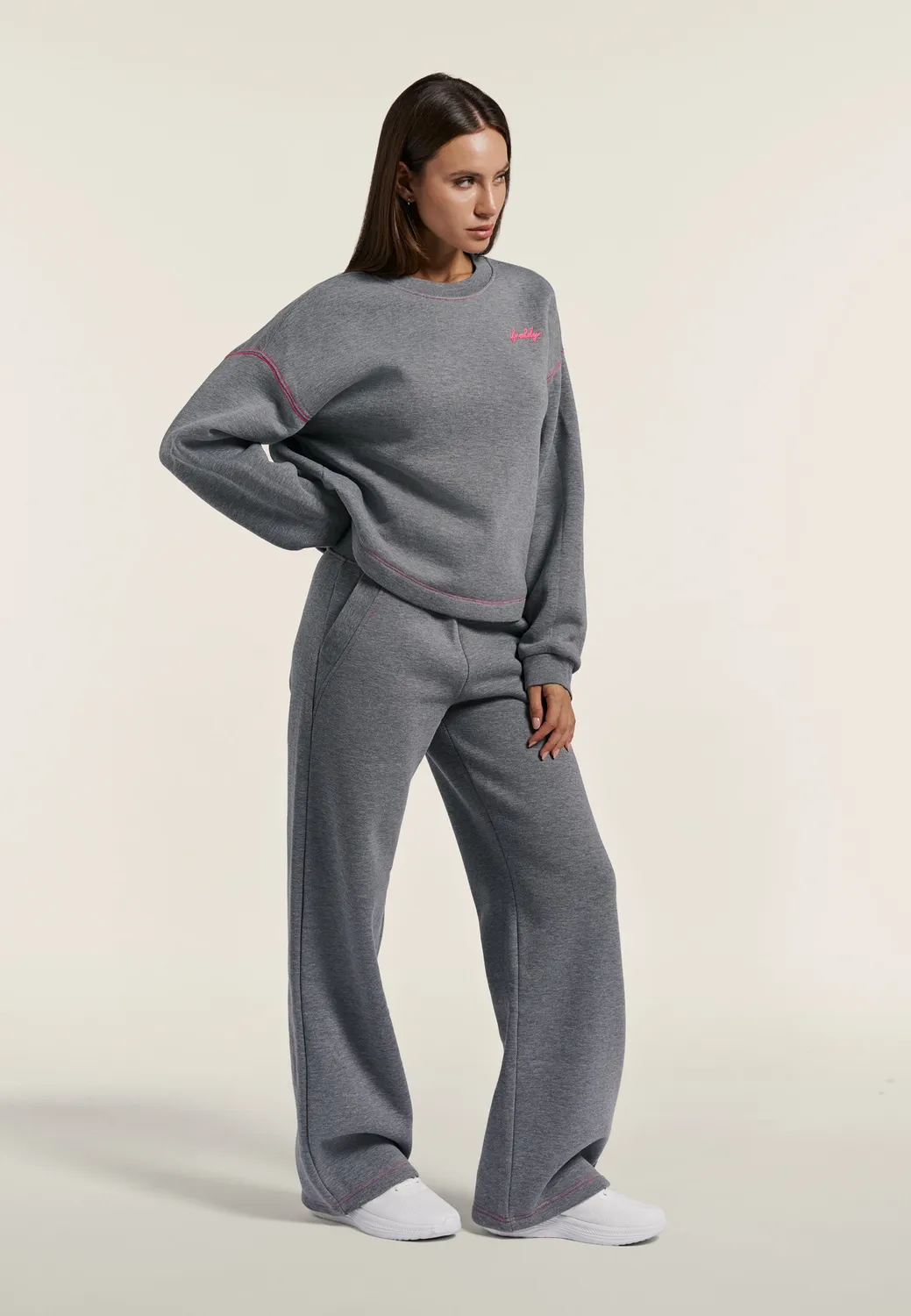 Freddy Wide Leg Hose Grigio Mélange mit Pink-Nähten