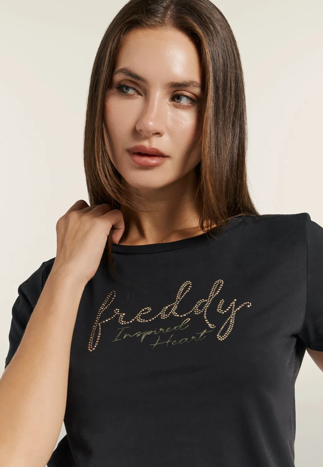 Freddy T-Shirt Damen Schwarz Gold Rundhals Modal