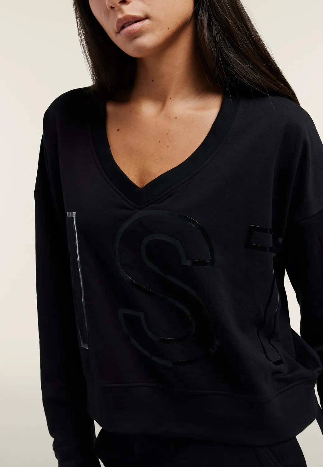 Freddy Cropped V-Ausschnitt Sweatshirt Damen schwarz Maxi-Print