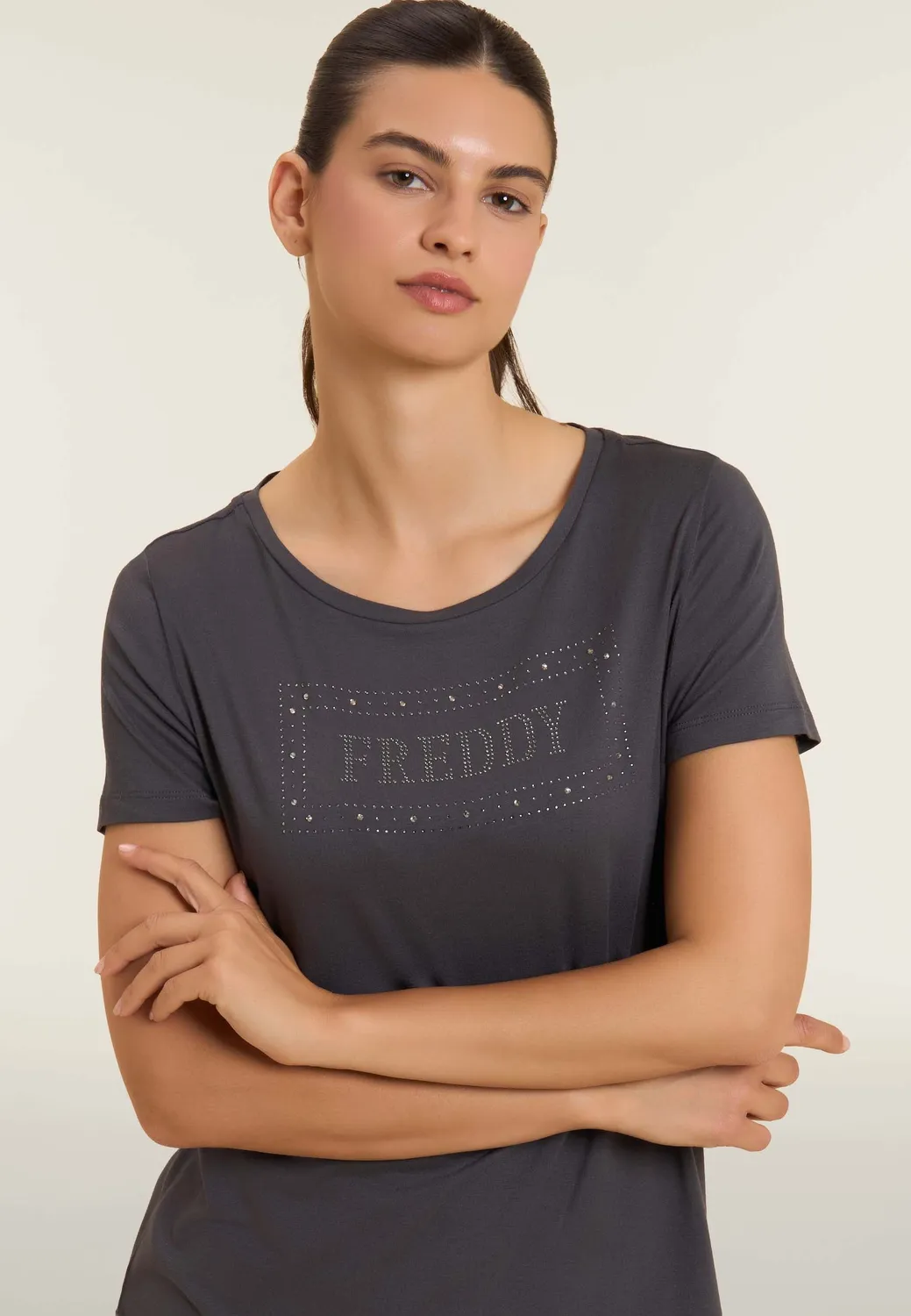 Freddy Strass Logo T-Shirt Schwarz Damen Viskose