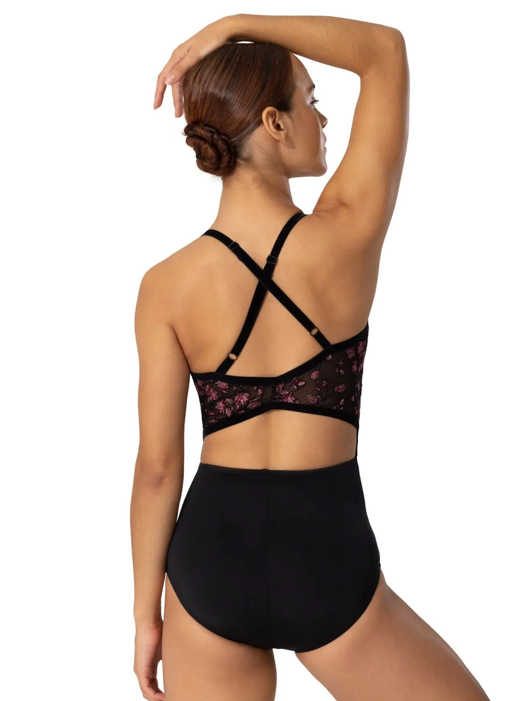 Capezio Ornate Romance Charisma Cami Criss Cross Back Leotard Schwarz bestickt