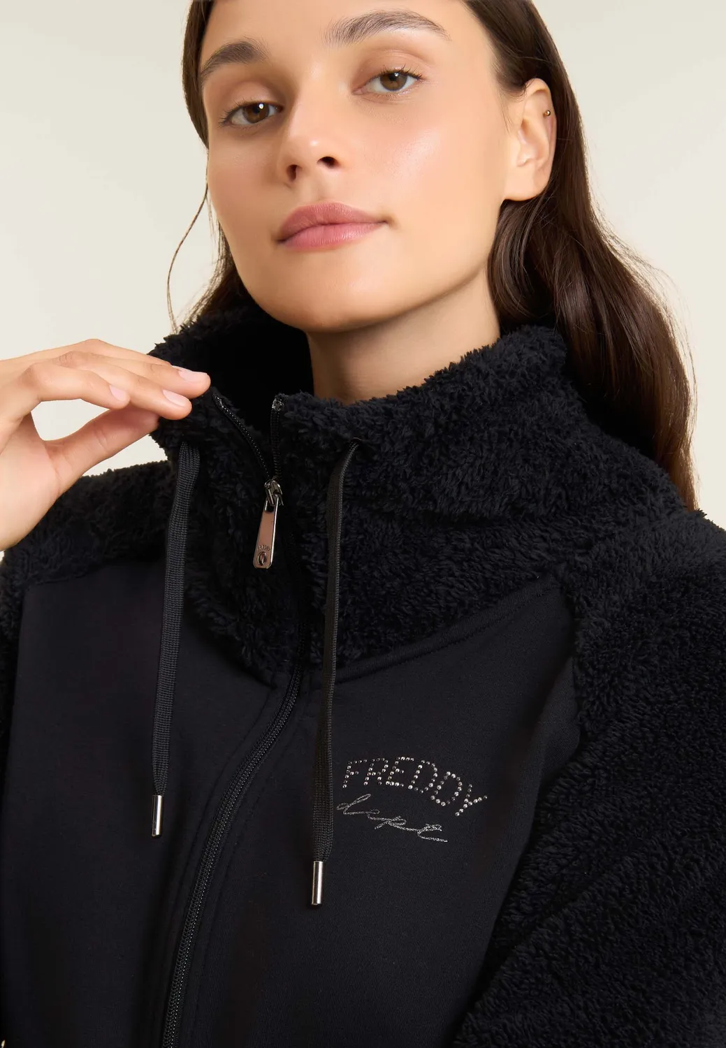 Freddy Sherpa Zip Sweatjacke Schwarz hoher Kragen