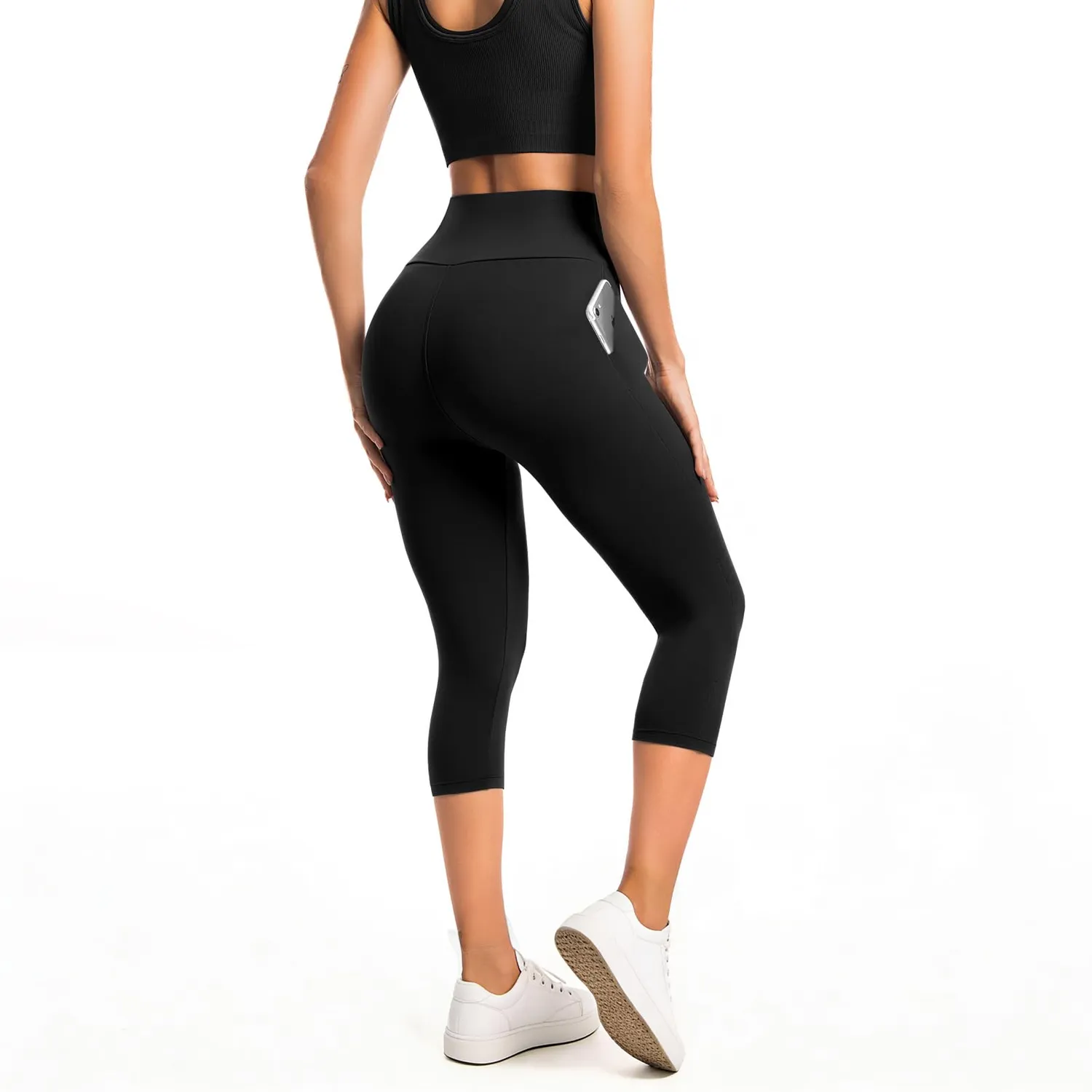 SINOPHANT High Waist 3/4 Leggings Damen schwarz mit Taschen