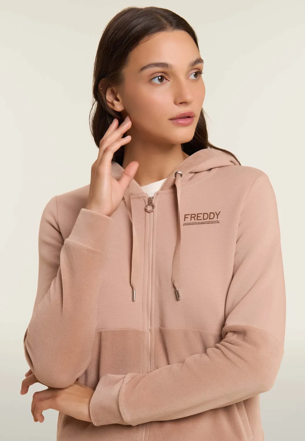 Freddy Sweatjacke Damen Kapuze Samt Schwarz Full-Zip
