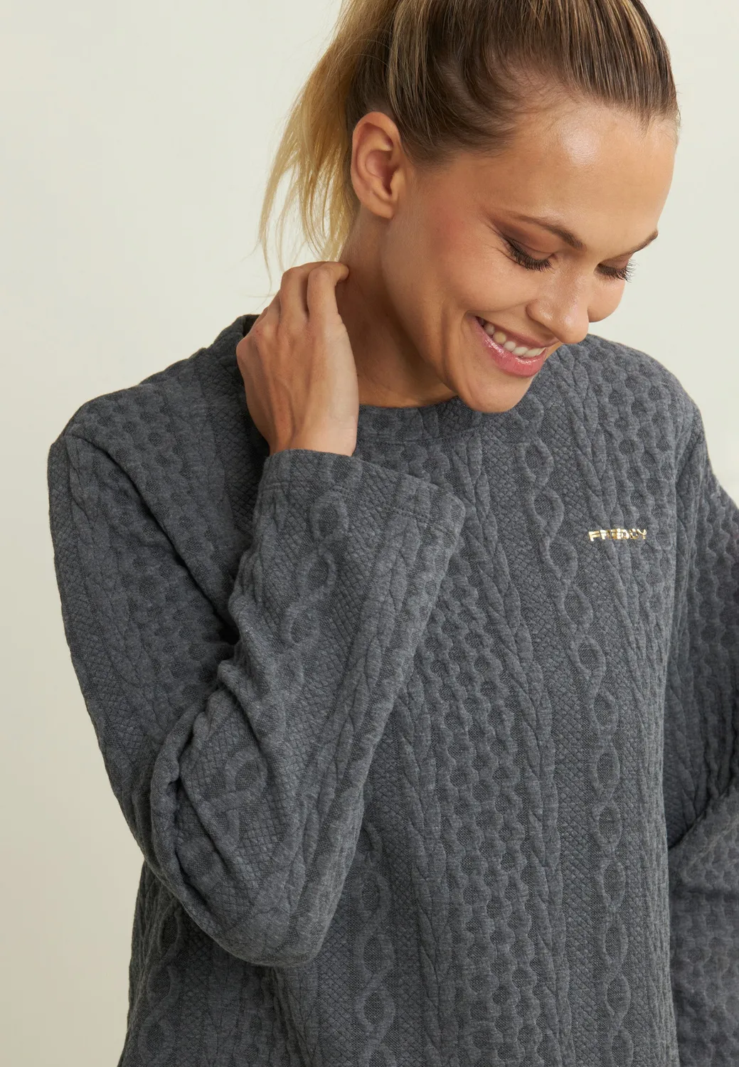 Freddy Sweatshirt Rundhals Technik-Gewebe Zopf grau