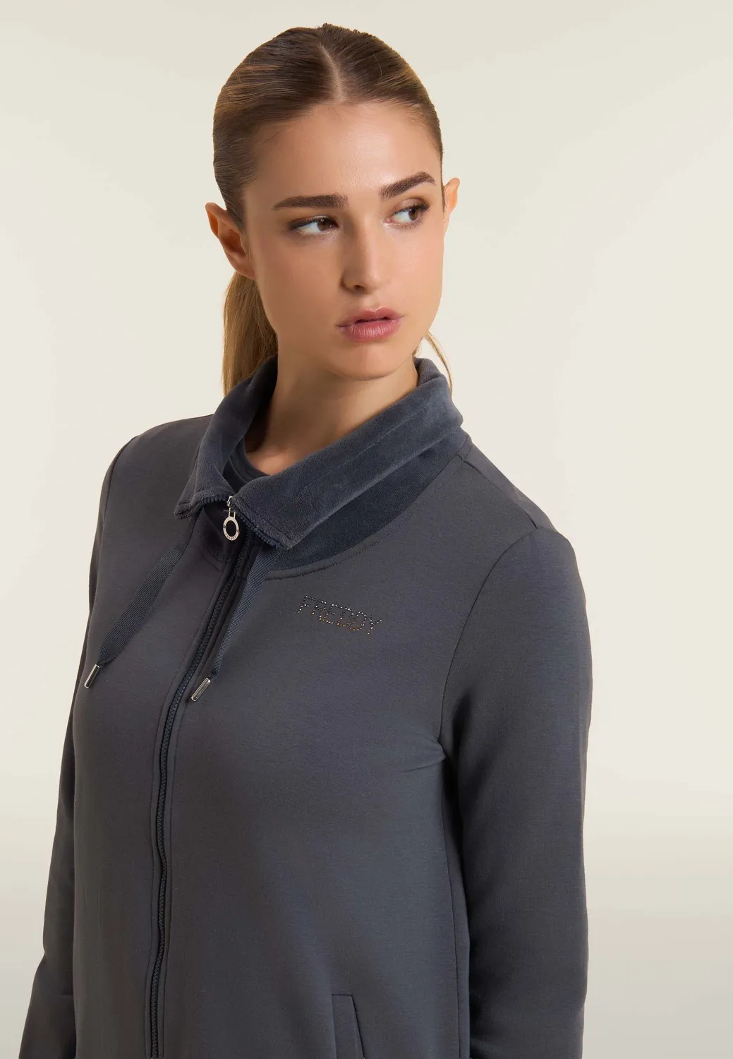 Freddy Sweatjacke Damen Schwarz Samtkragen Full-Zip