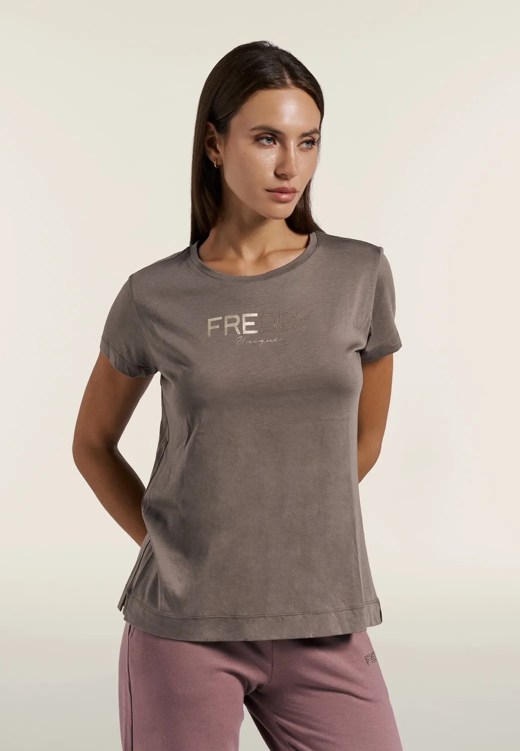 Freddy Regular T-Shirt Damen Schwarz Goldlogo