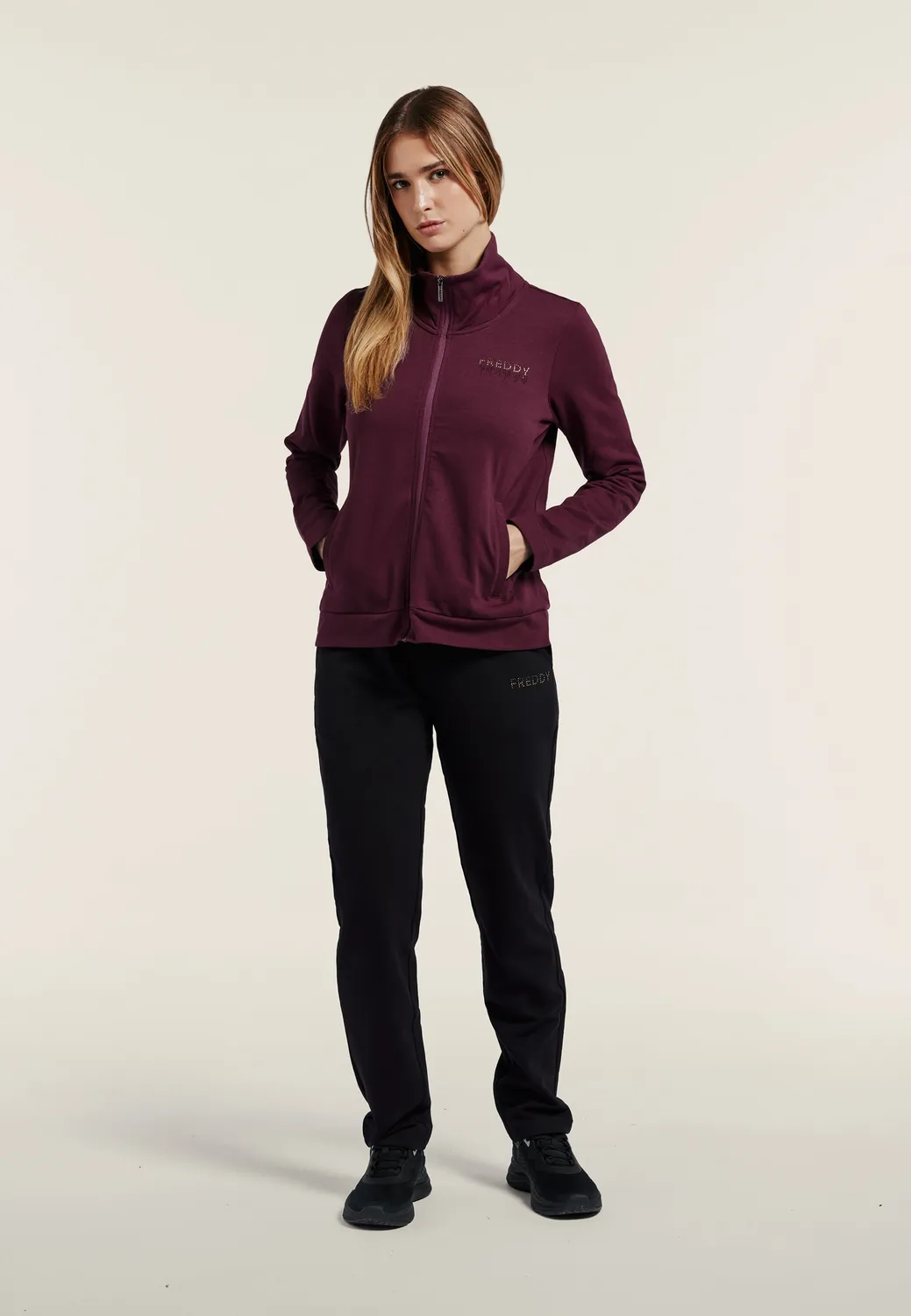 Freddy Trainingsanzug Damen Zip Strass bordeaux hoher Bund warm