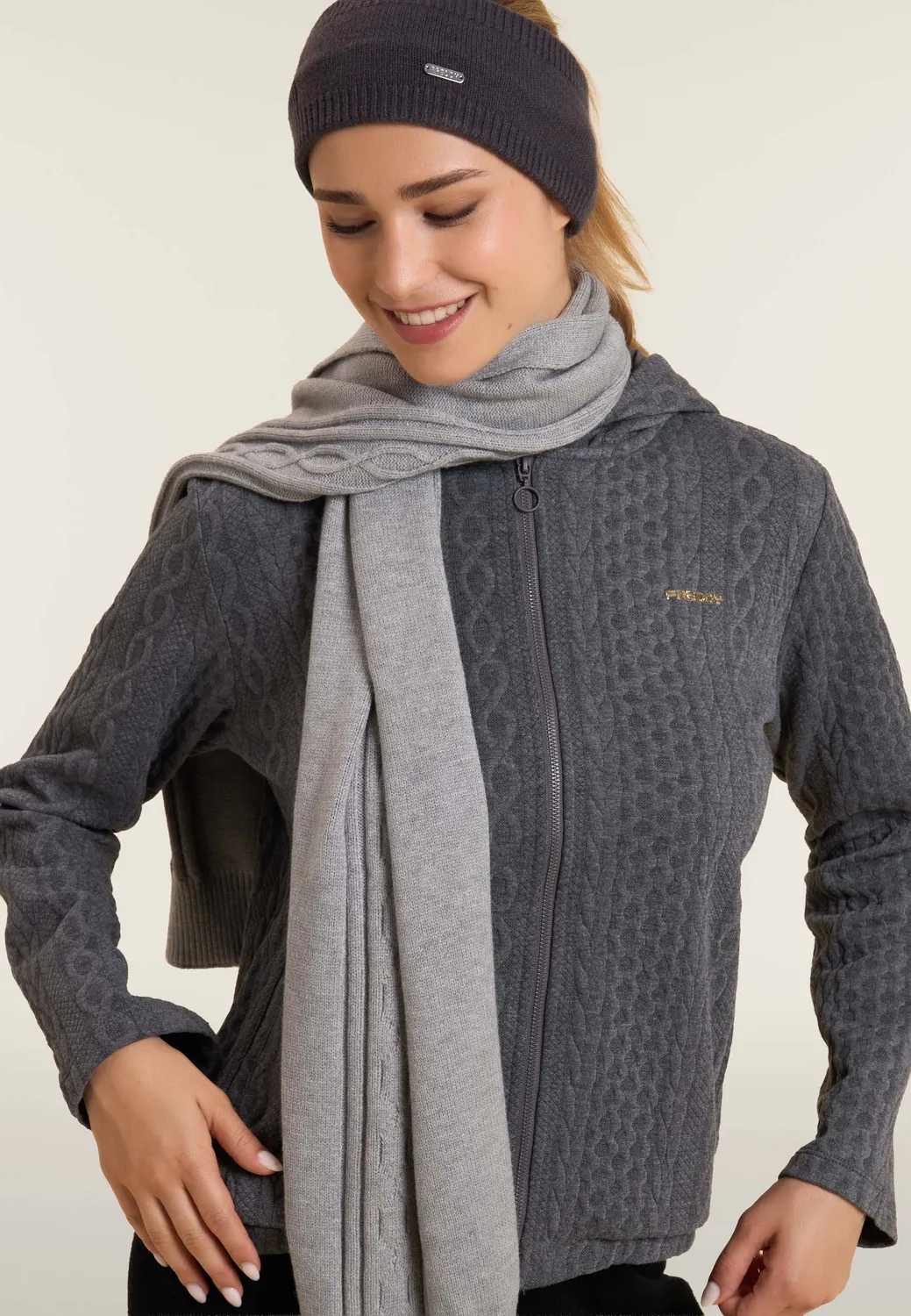 Freddy Zopf Strickschal Wolle Grau 154 cm warm
