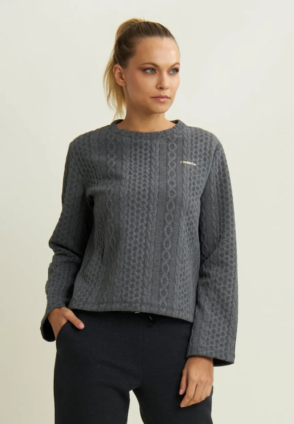 Freddy Sweatshirt Rundhals Technik-Gewebe Zopf grau
