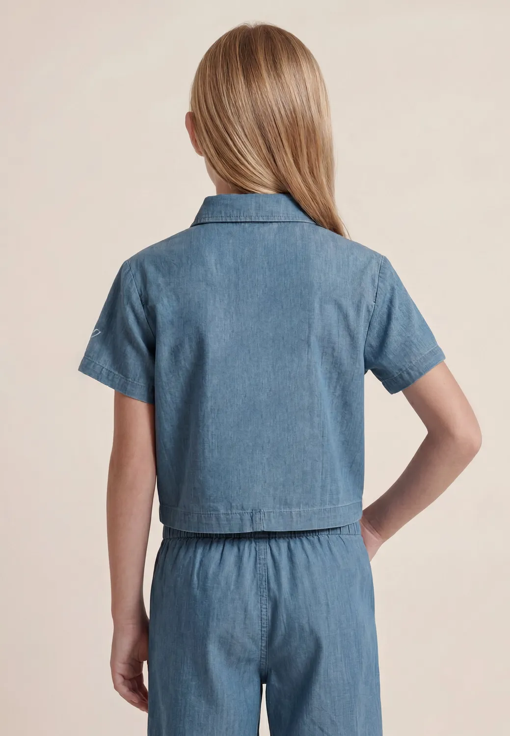 Freddy Cropped Chambray Bluse Mädchen Hellblau