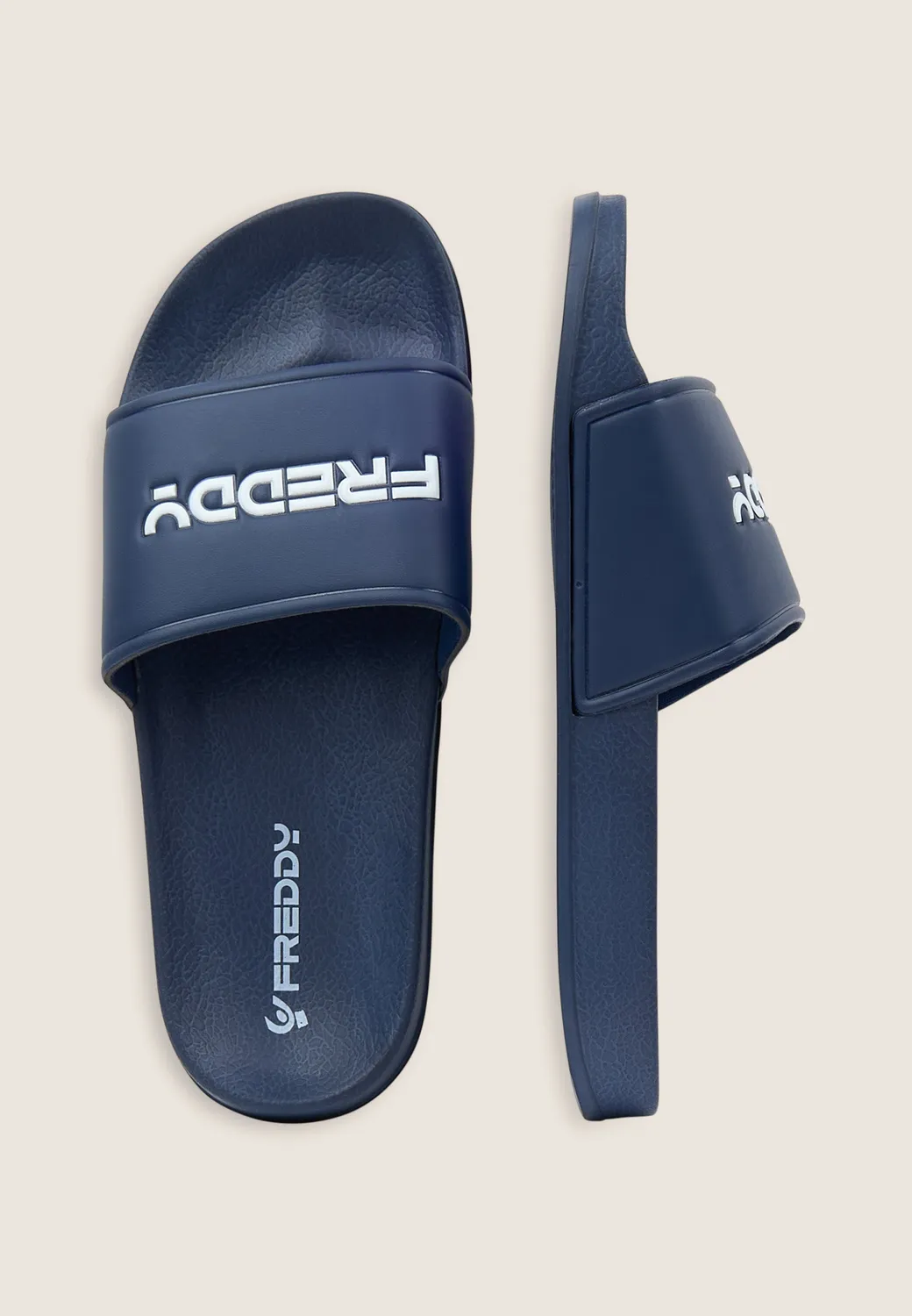 Freddy Slider Schlappen Herren blau Kontrast-Logo Fußbett