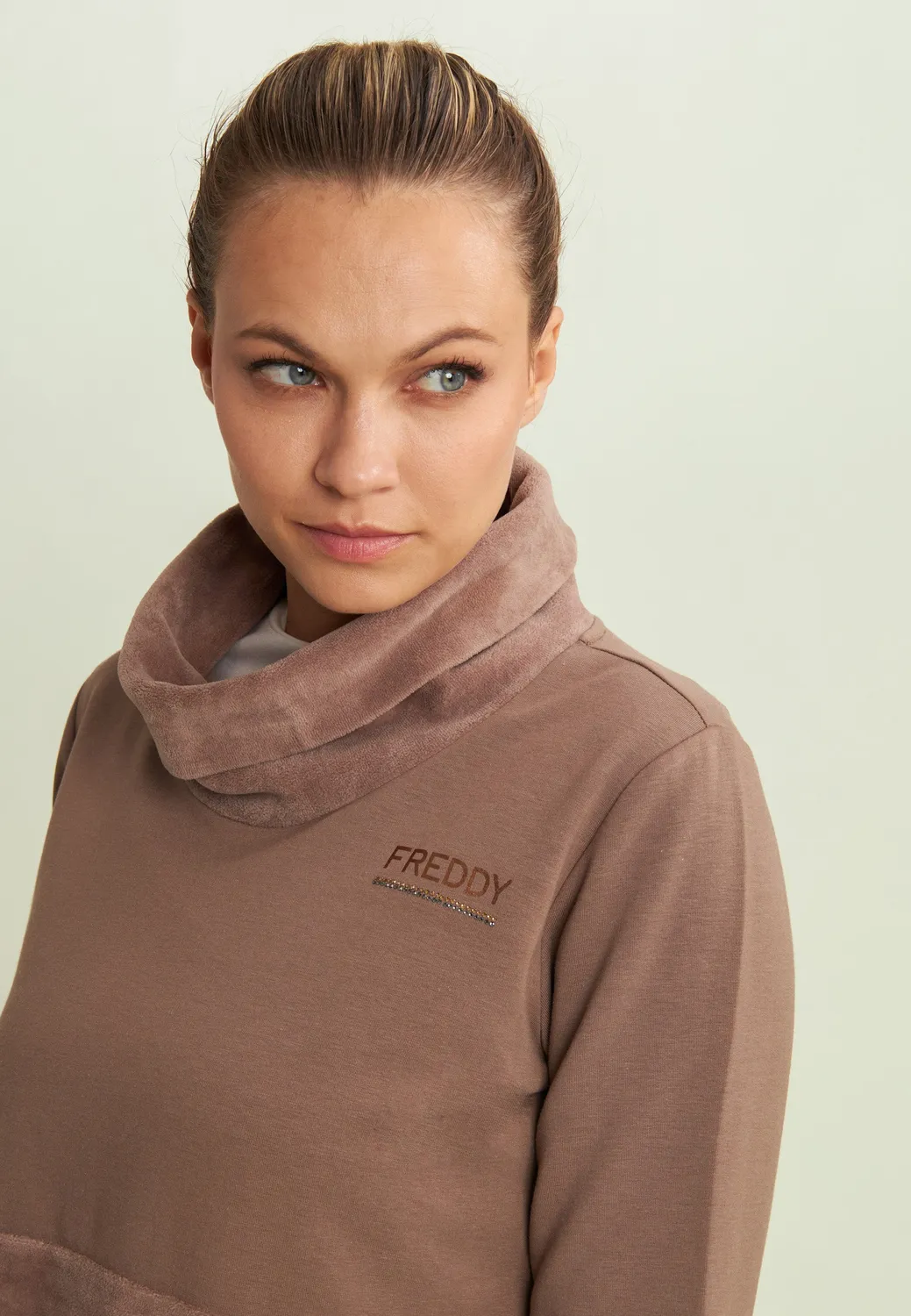 Freddy Sweatshirt Damen Samt Stehkragen Schwarz Strass