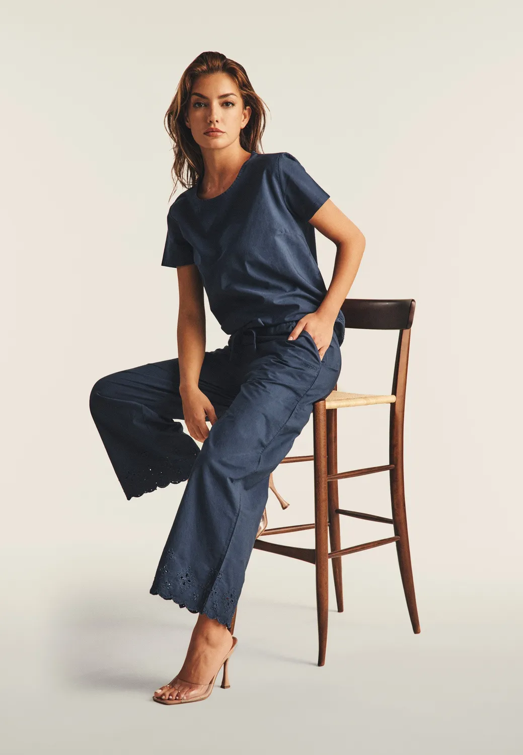 Freddy Wide Leg Hose Damen Baumwolle mit Stickerei 7/8