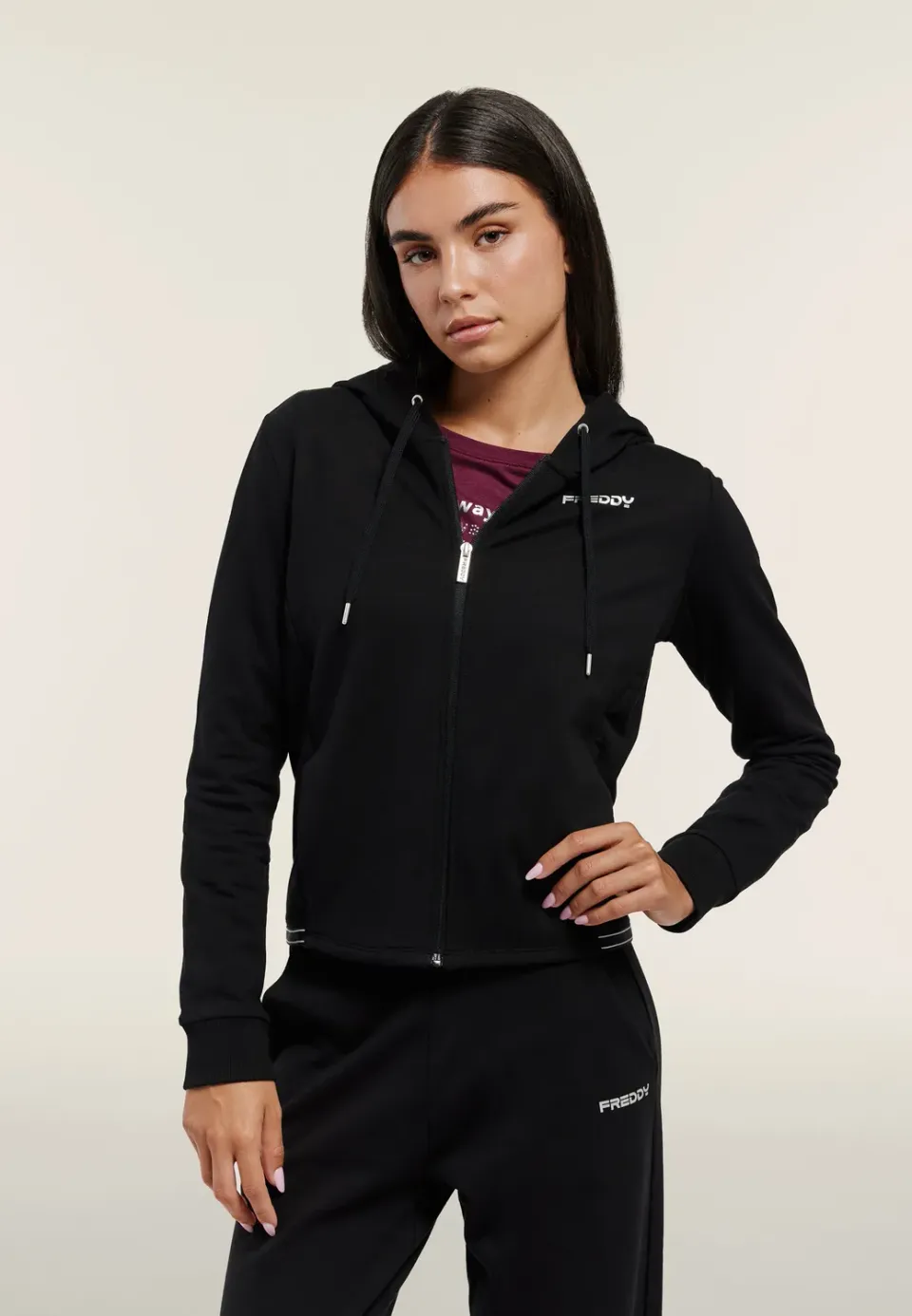 Freddy Cropped Hoodie Kapuzenpulli Damen Schwarz elastisch