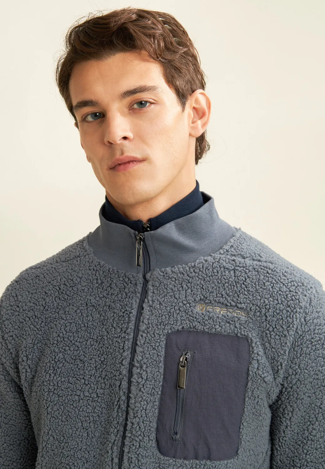 Freddy Sherpa Fleece Jacke Herren Graublau Hochkragen