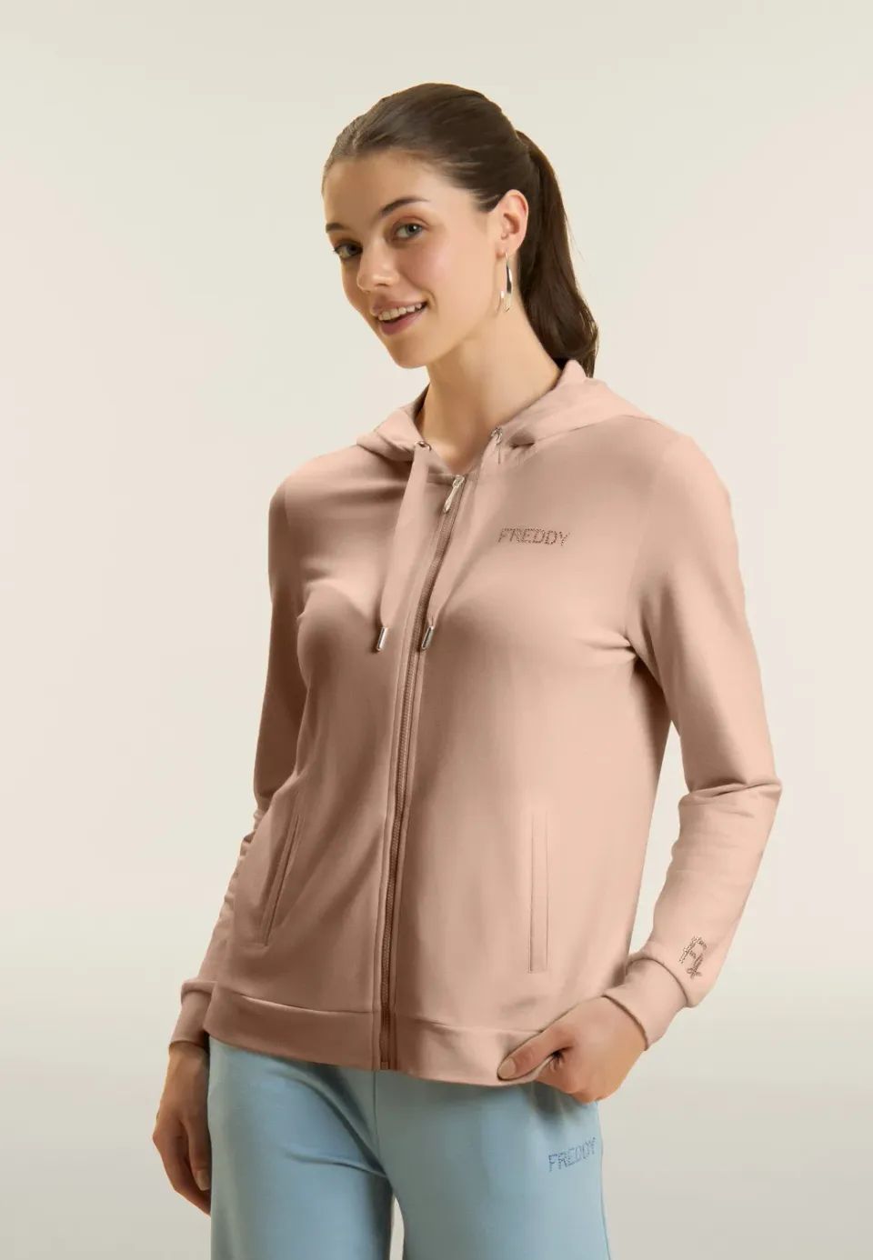 Freddy Zip-Hoodie Strass-Logo French Terry Blau Damen