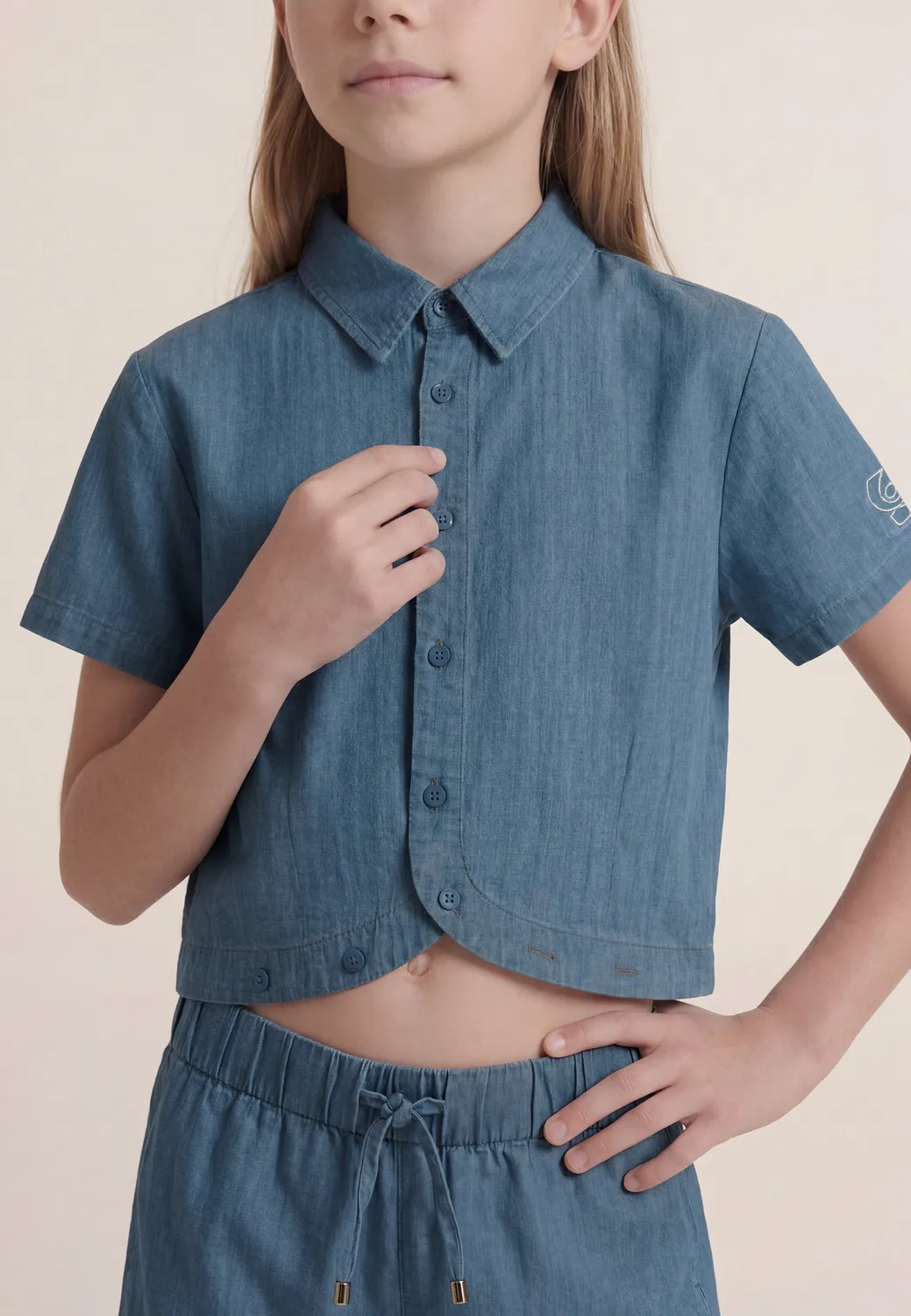 Freddy Cropped Chambray Bluse Mädchen Hellblau