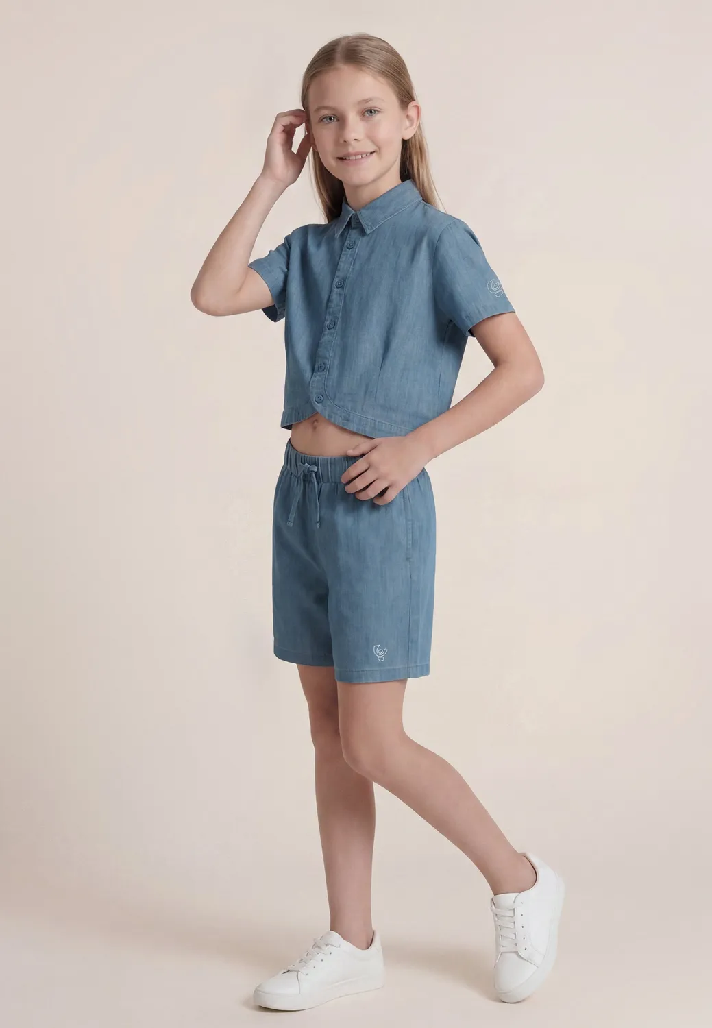Freddy Cropped Chambray Bluse Mädchen Hellblau