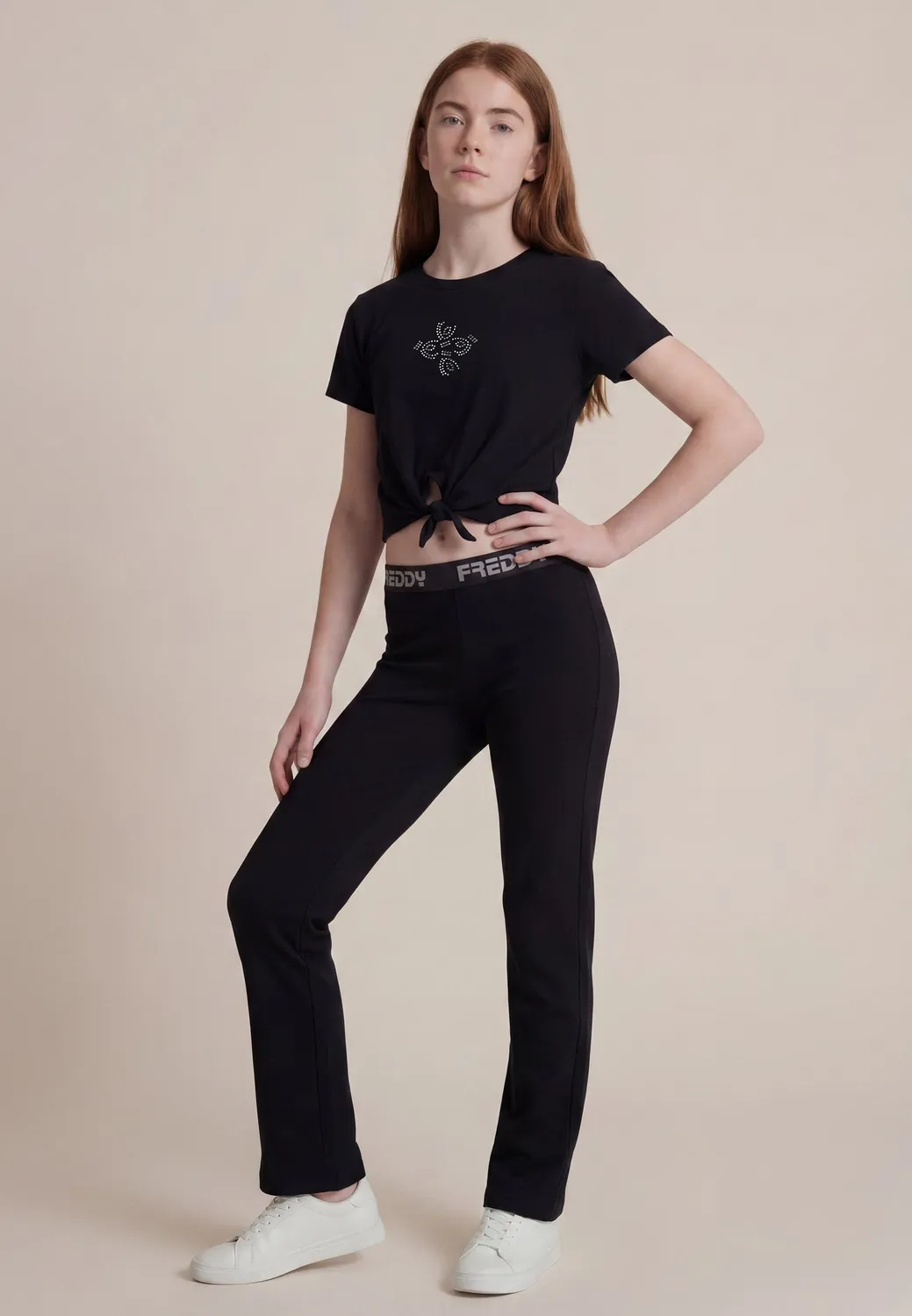 Freddy Mädchen Cropped T-Shirt Knoten Schwarz Strass