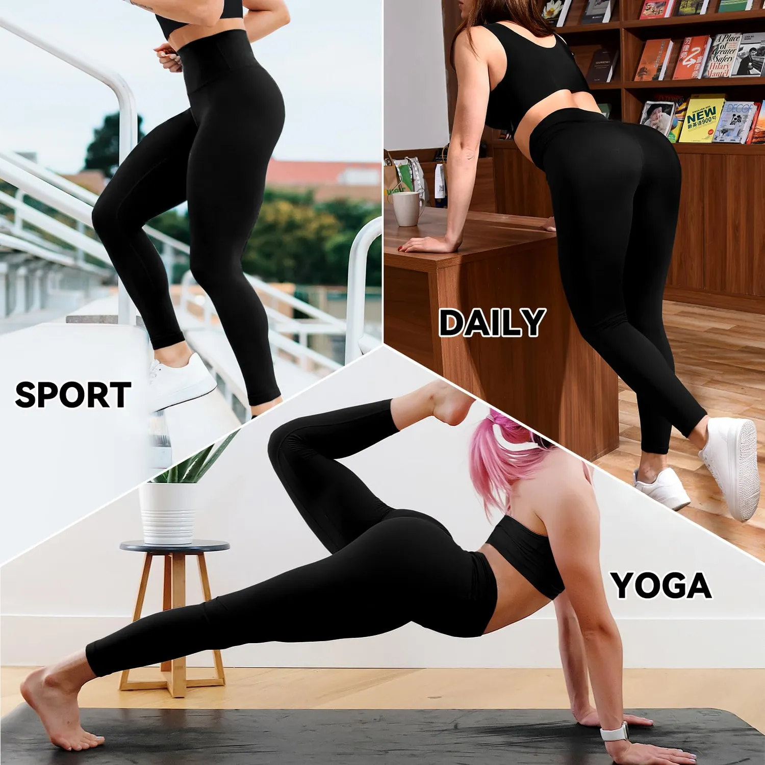 SINOPHANT Leggings High Waist Schwarz 3er blickdicht