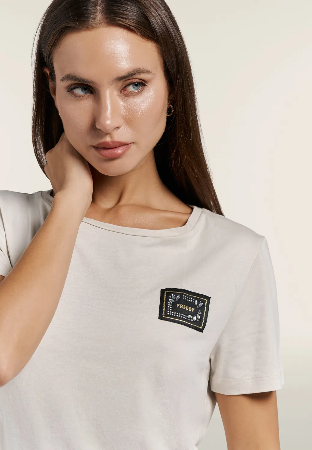 Freddy Rundhals T-Shirt Schwarz Baumwoll-Modal Strass