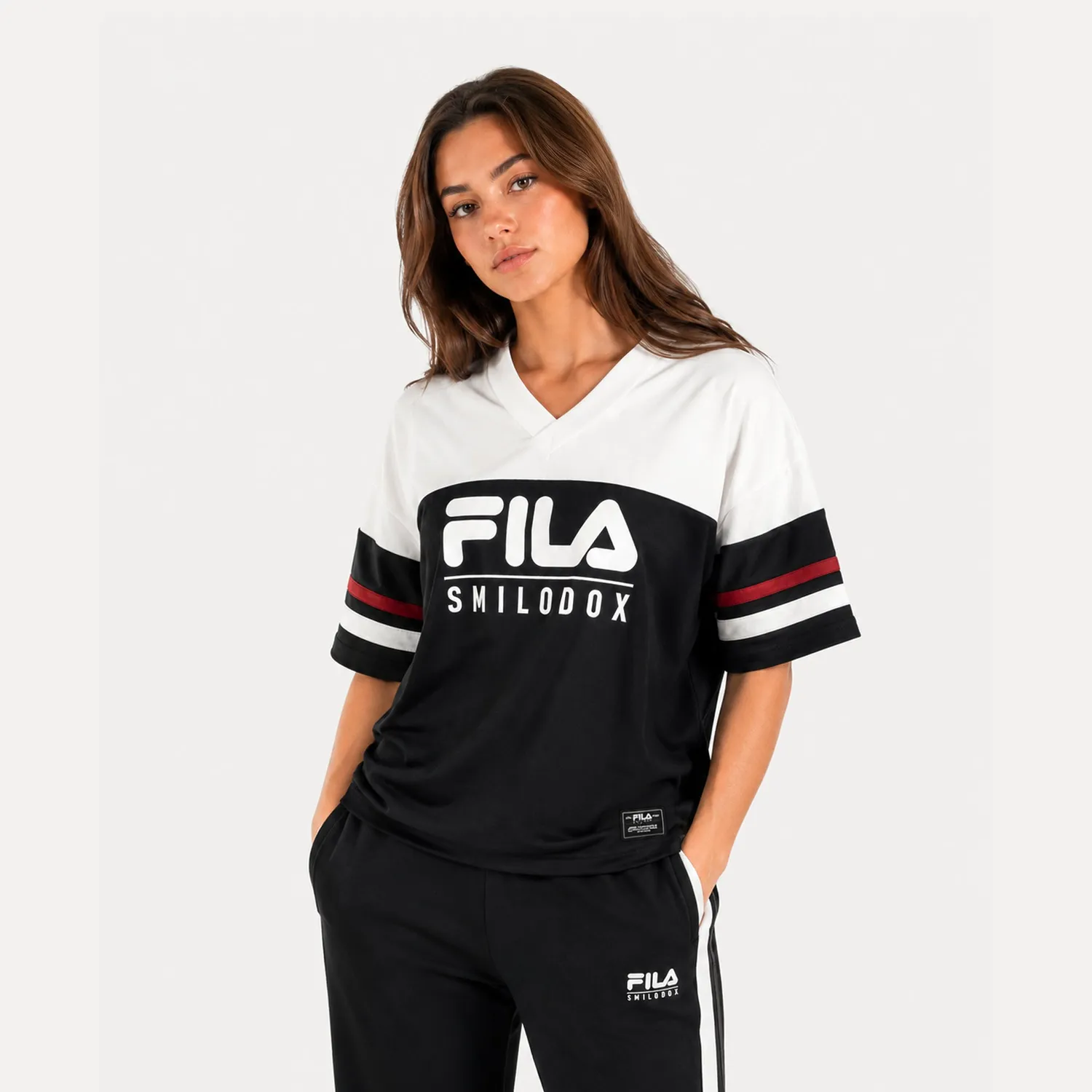 Smilodox x Fila Vetta Jersey T-Shirt Schwarz-Weiß Oversize