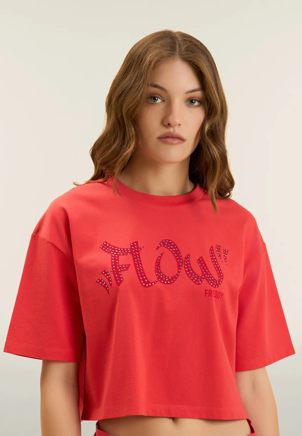 Freddy Flow Cropped T-Shirt Nero Baumwolle mit Nieten