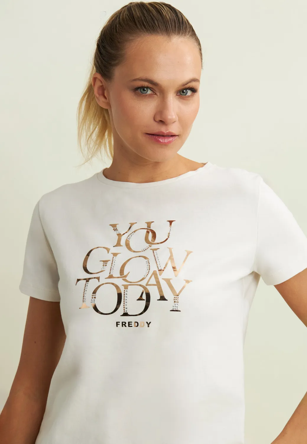 Freddy T-Shirt Damen Strass You Glow Today Nero leicht