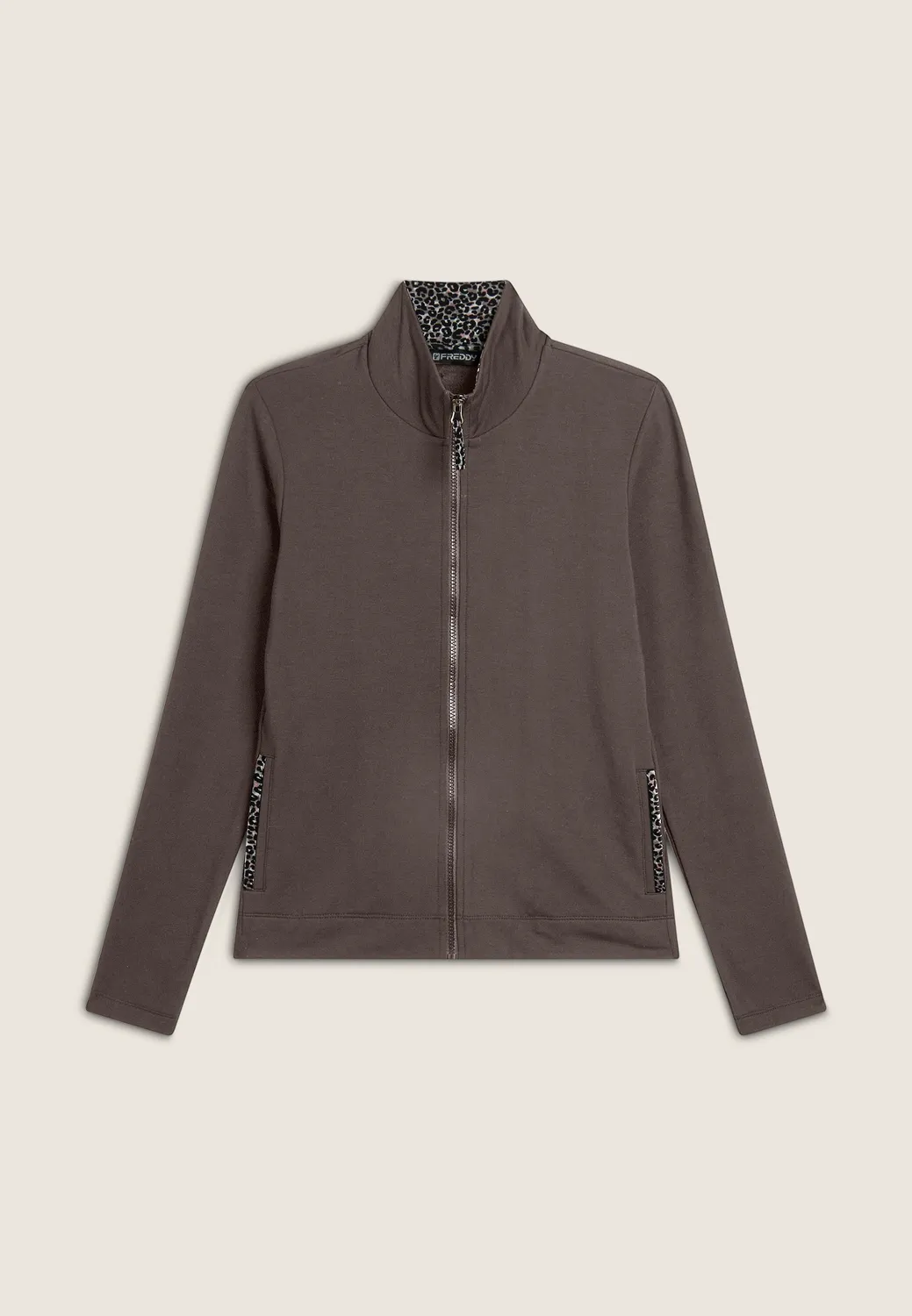 Freddy Slim Fit Sweatjacke Leopard Brown Stehkragen