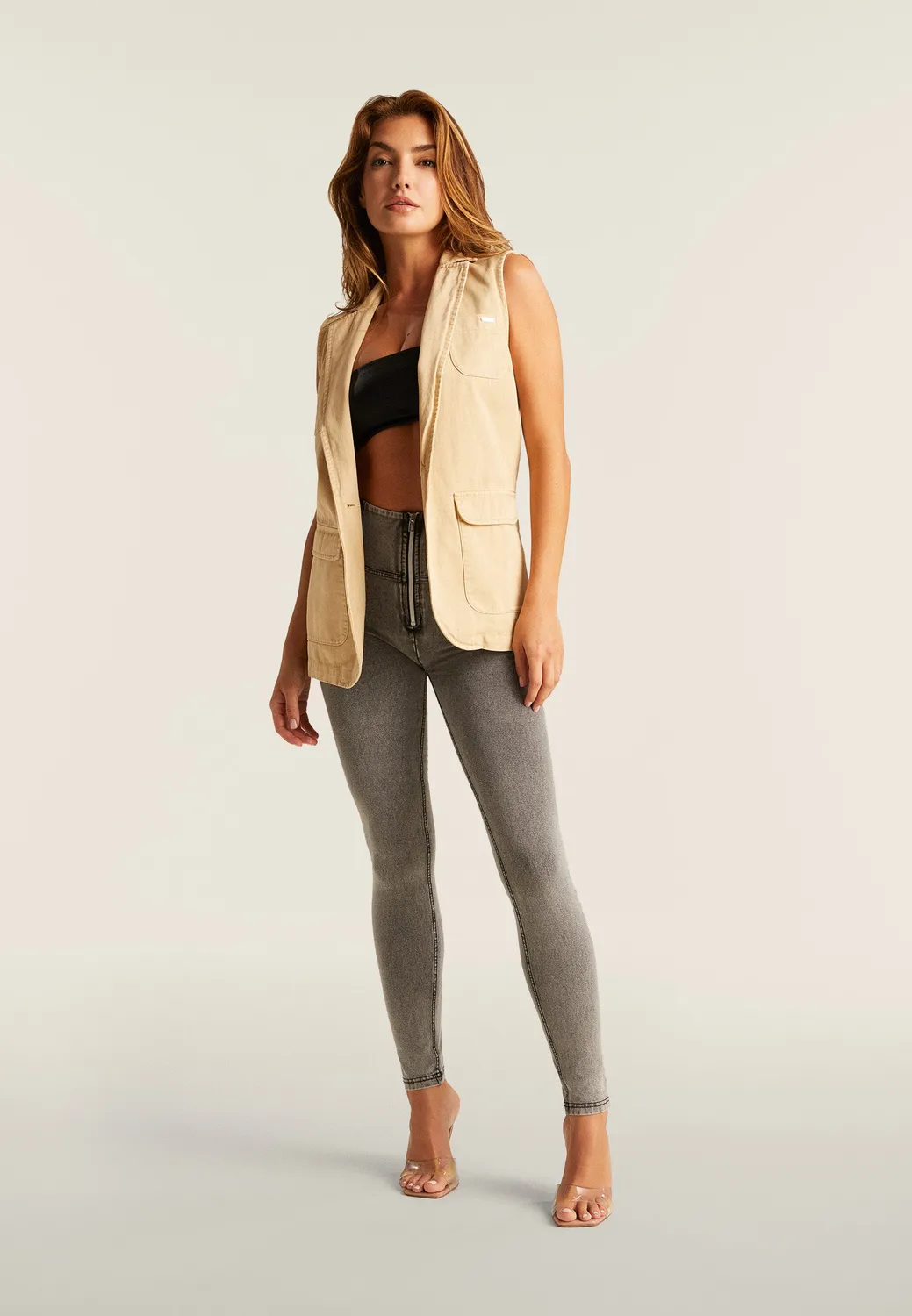 Freddy Damen Gilet Weste Schwarz doppelreihig Gabardine