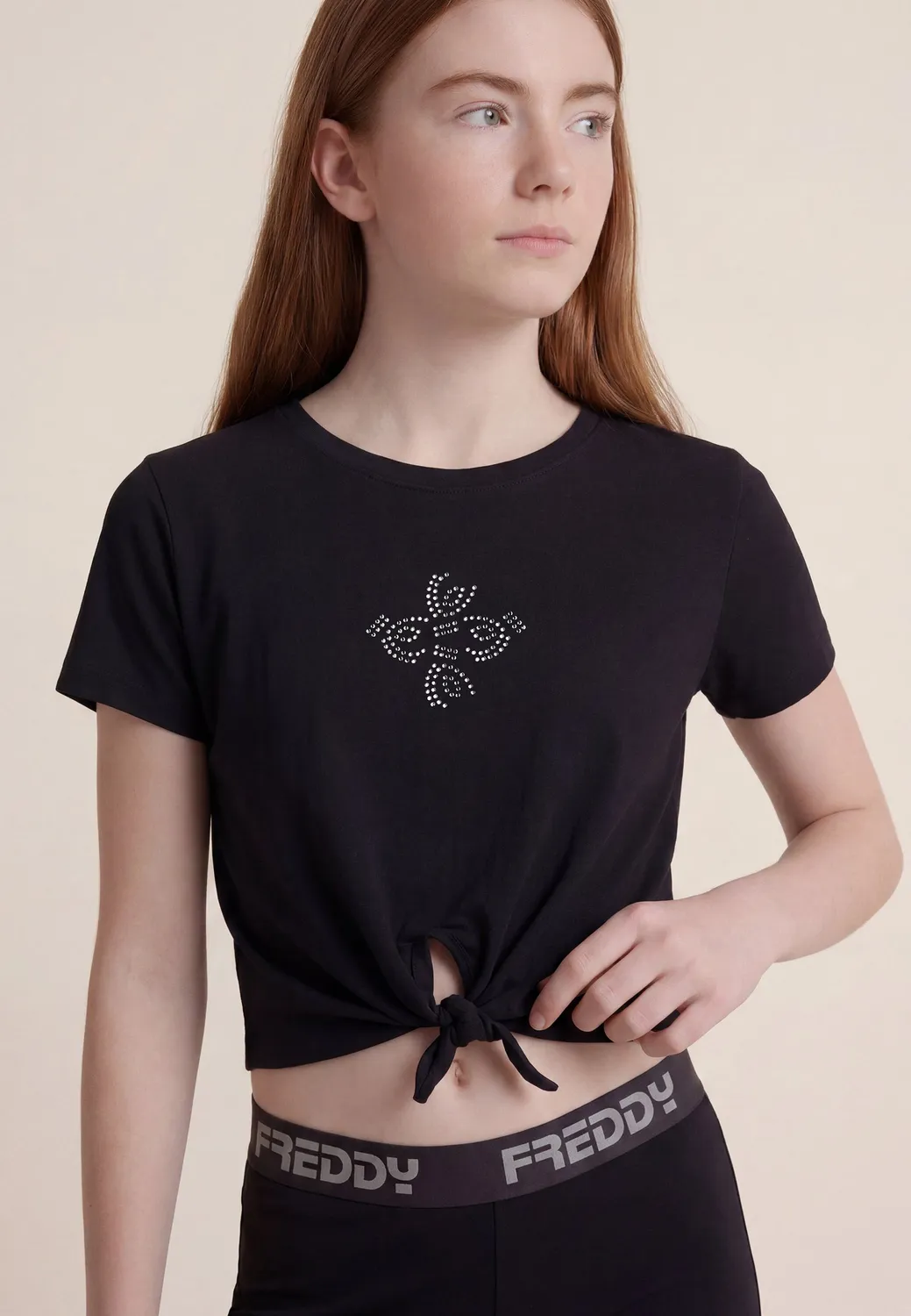 Freddy Mädchen Cropped T-Shirt Knoten Schwarz Strass