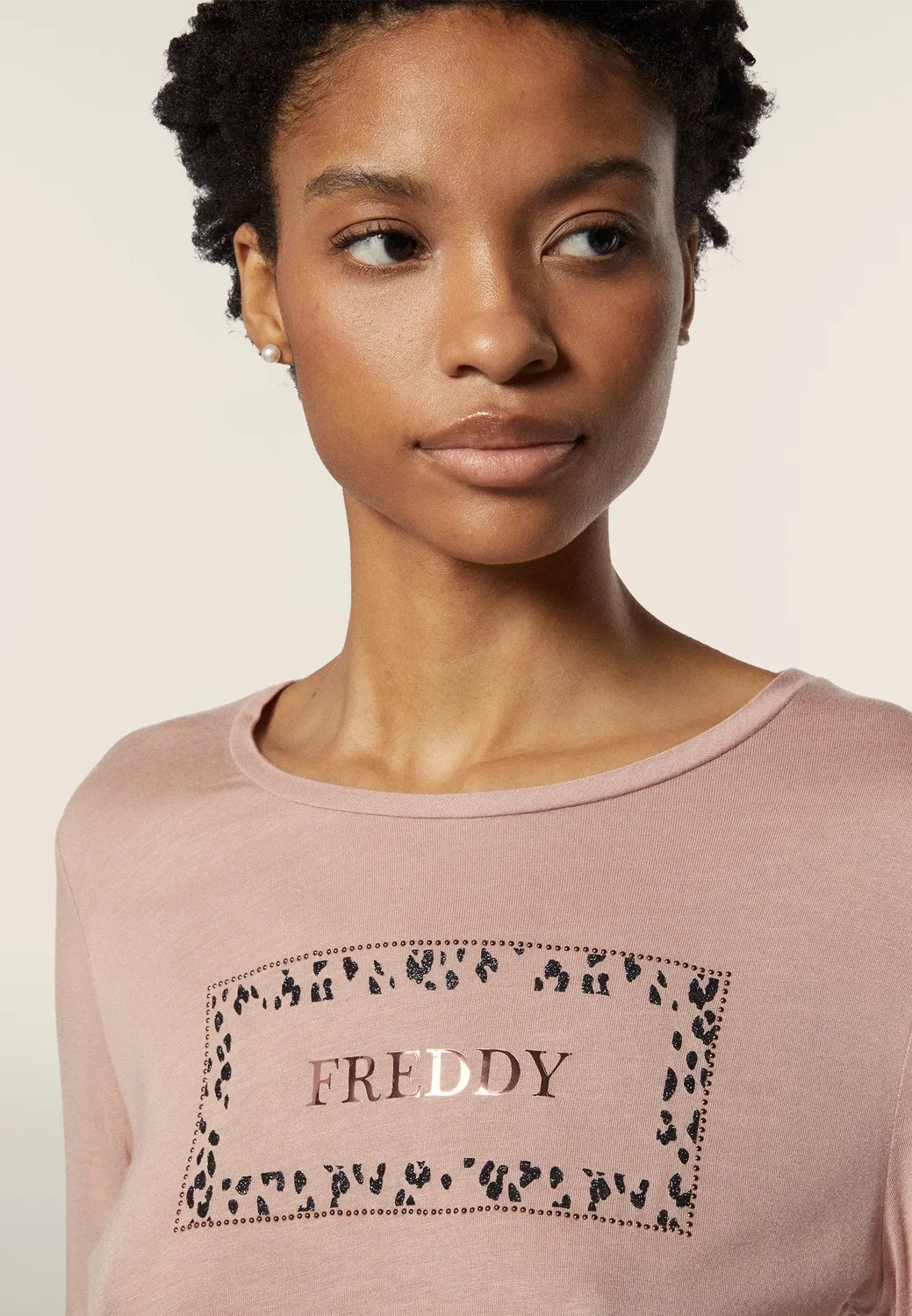 Freddy Langarmshirt Damen Weiß Animal-Print Goldrosa