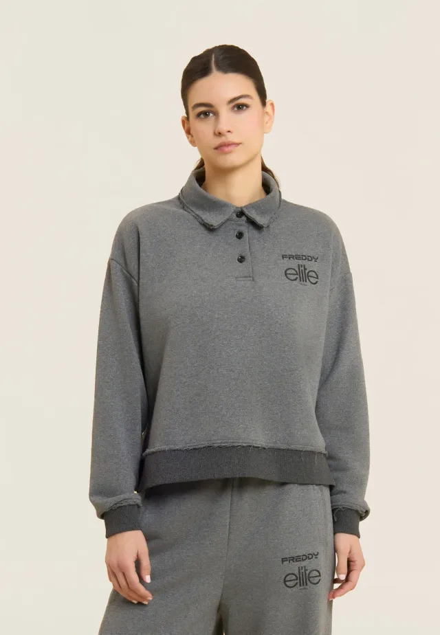 Freddy Elite Cropped Sweatshirt Polo Melange Gray Baumwolle